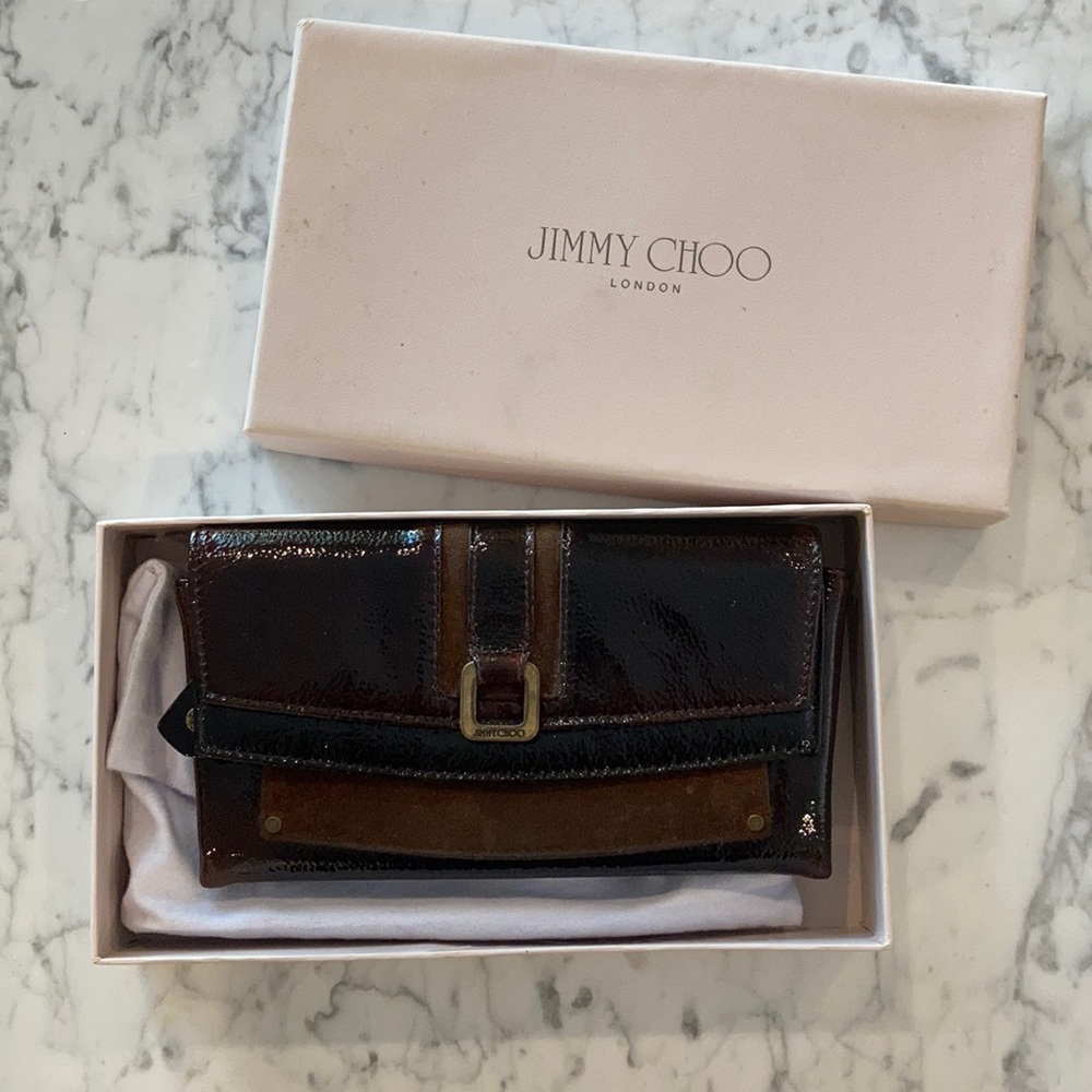 Jimmy Choo Liquid Patent Suede Cognac Wallet
